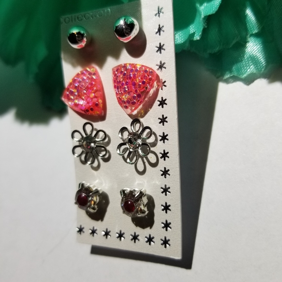 Earrings NEW 4 pair flower pink silver - Picture 4 of 6